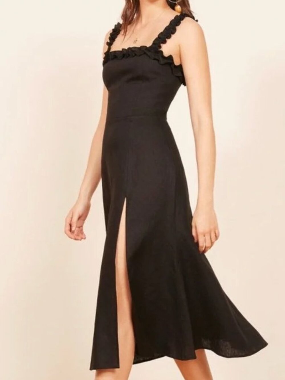 Reformation Black Ruffled-Trim Linen Dress